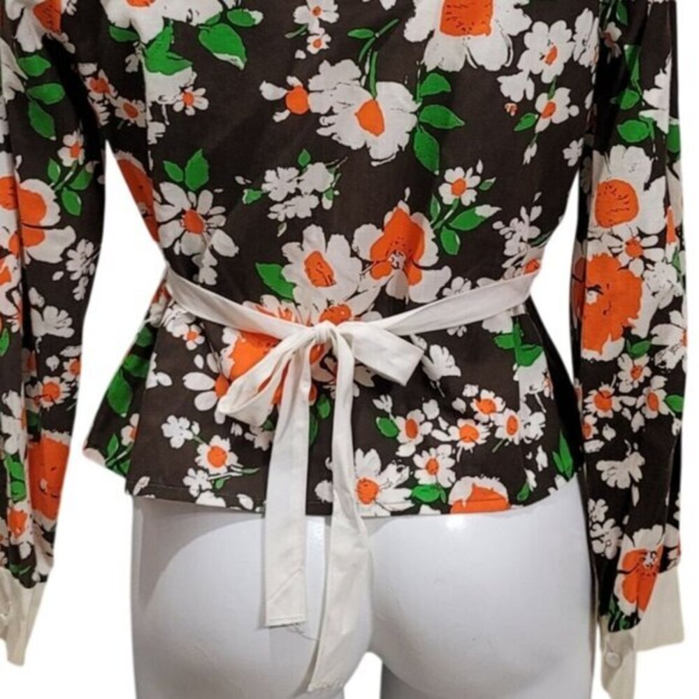 Vintage Floral Long Sleeve Blouse Top Shirt Peter Pan Collar Button Front - Picture 7 of 8